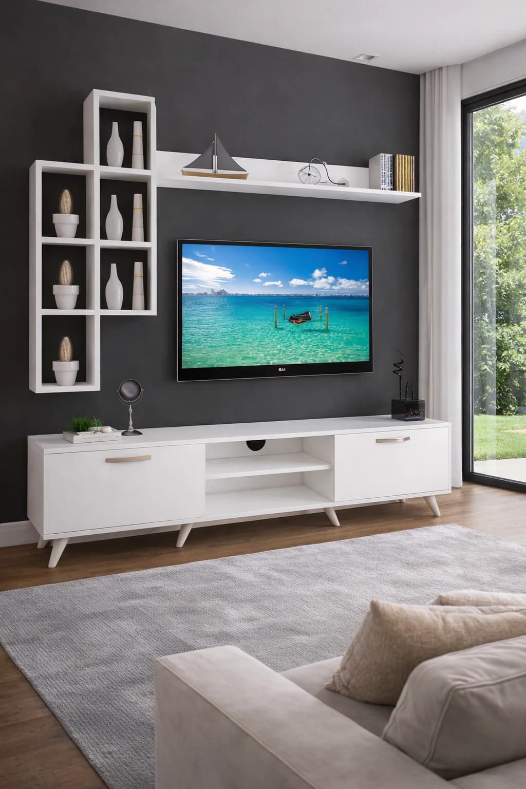Table téléviseur unité MFC13 180X45X35 cm blanc TVB011