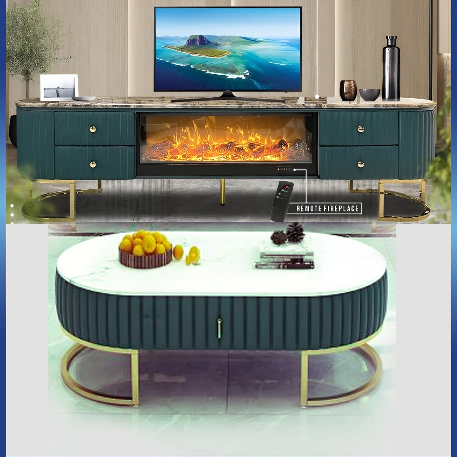 Table téléviseur blanc marbre vert 200X40X46 TVE66-1 + table basse 130X70 E66