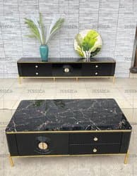 Table téléviseur noir marbre 200X40X46 66-20B + table basse 130X70 66-13B