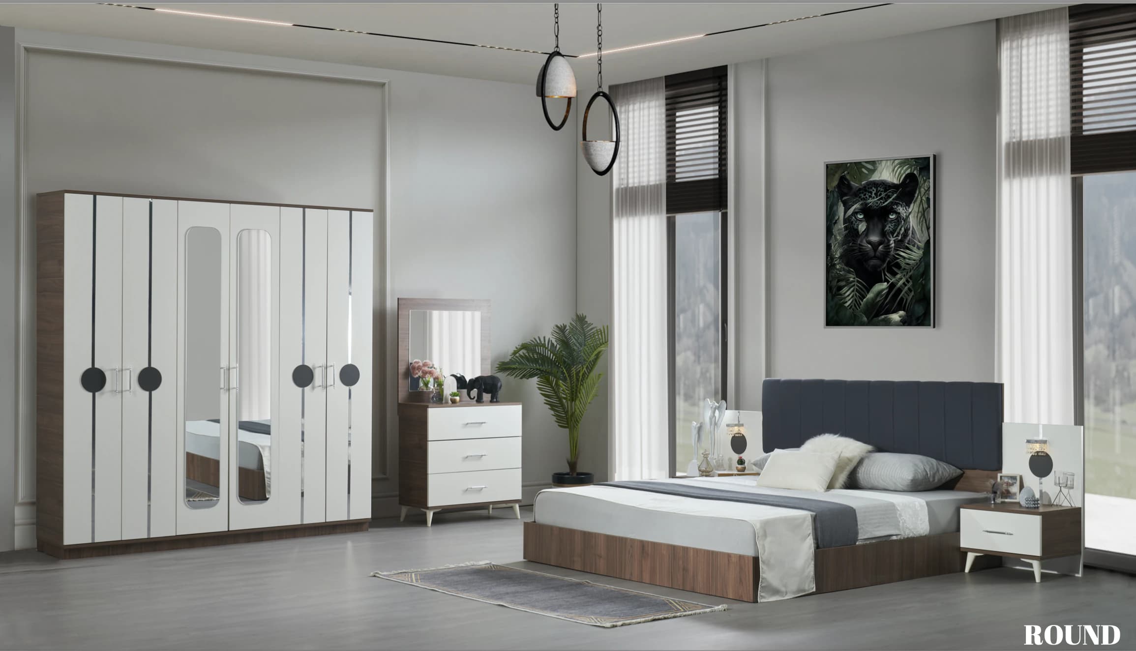 Chambre à coucher 6battants 4pièces blanc marron round