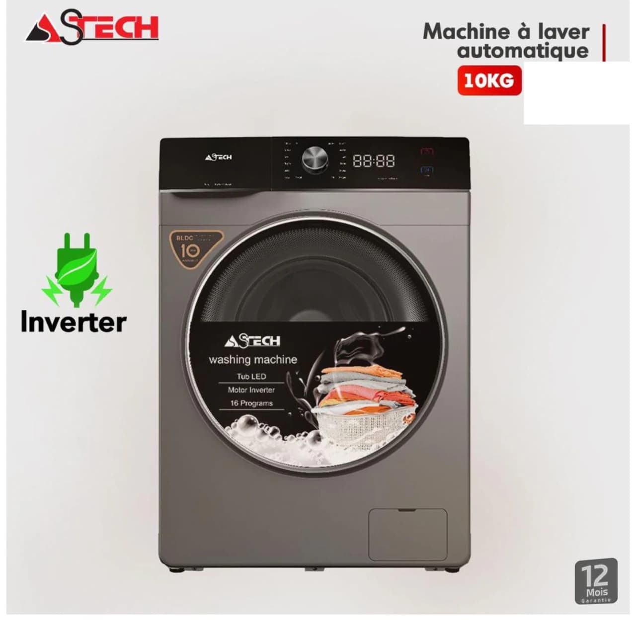 Machine à laver Astech 10kg inverter gris MLV10FN1003LC/MLV10T1N10INVLN